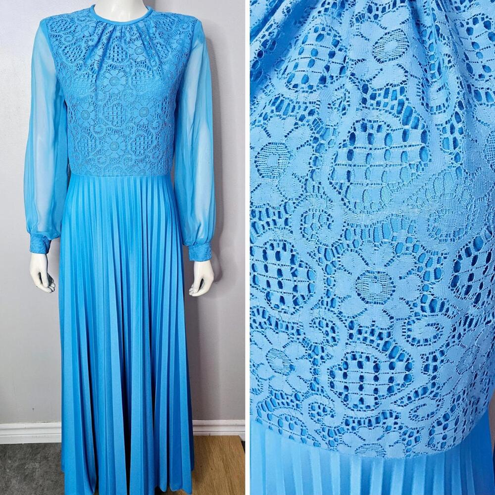 Vintage 1970s Blue Lace Micropleated Maxi Dress